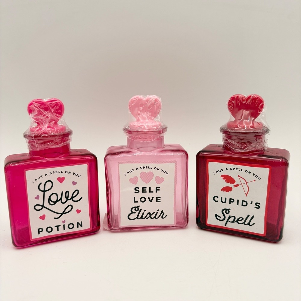 Set of 3 Valentine Love Potion Self Love Elixir Cupid Spell Decor Glass Bottles